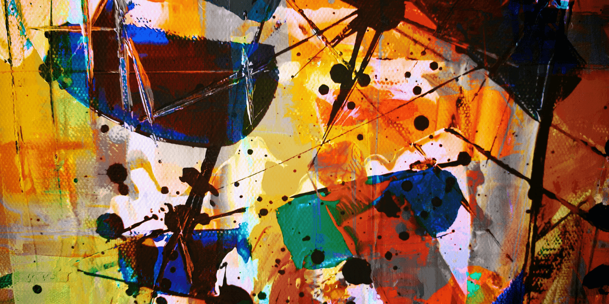 Abstract colorful artwork with vibrant brushstrokes and splatters creating dynamic shapes.