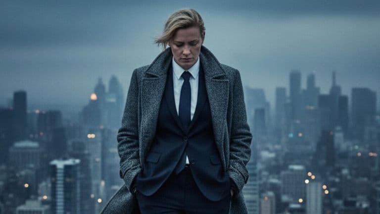 Person in a suit overlooking a city skyline, conveying reflection, resilience, and the exhibition’s focus on survivor voices and accountability.