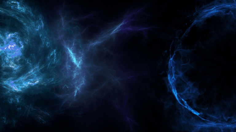 Abstract blue cosmic background with swirling energy patterns and glowing celestial forms.