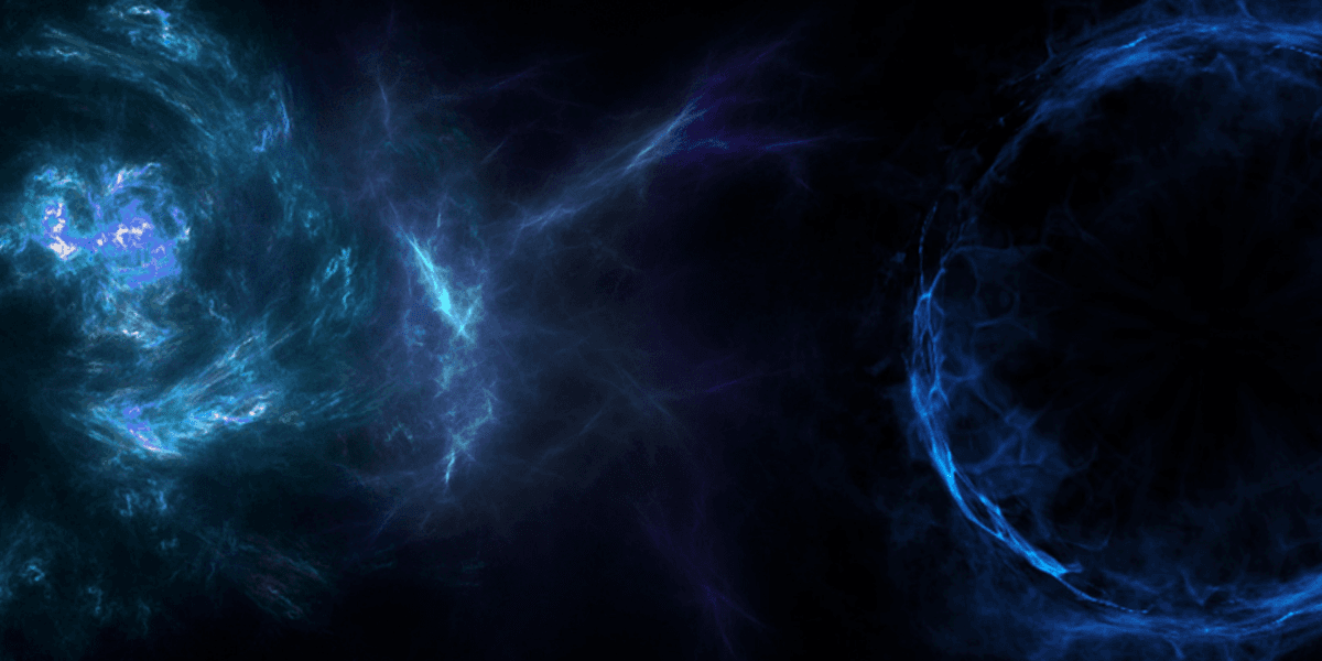 Abstract blue cosmic background with swirling energy patterns and glowing celestial forms.