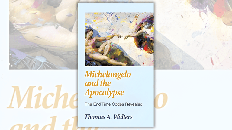 Book cover featuring an artistic interpretation of Michelangelo's 'Creation of Adam' with vibrant colors, highlighting apocalyptic themes.