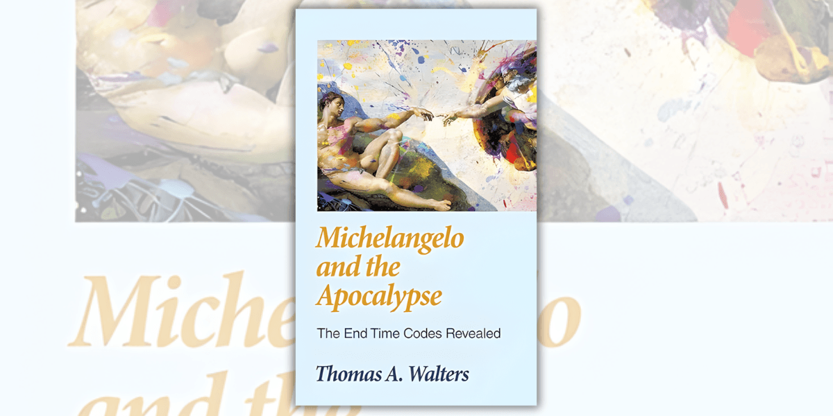 Book cover featuring an artistic interpretation of Michelangelo's 'Creation of Adam' with vibrant colors, highlighting apocalyptic themes.
