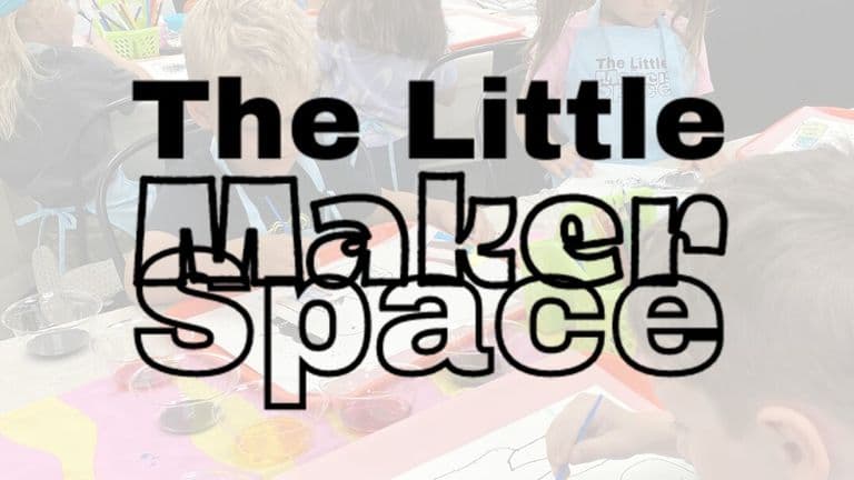 Children creating art at a workshop with “The Little Makerspace” title overlay, highlighting creativity and hands-on learning.