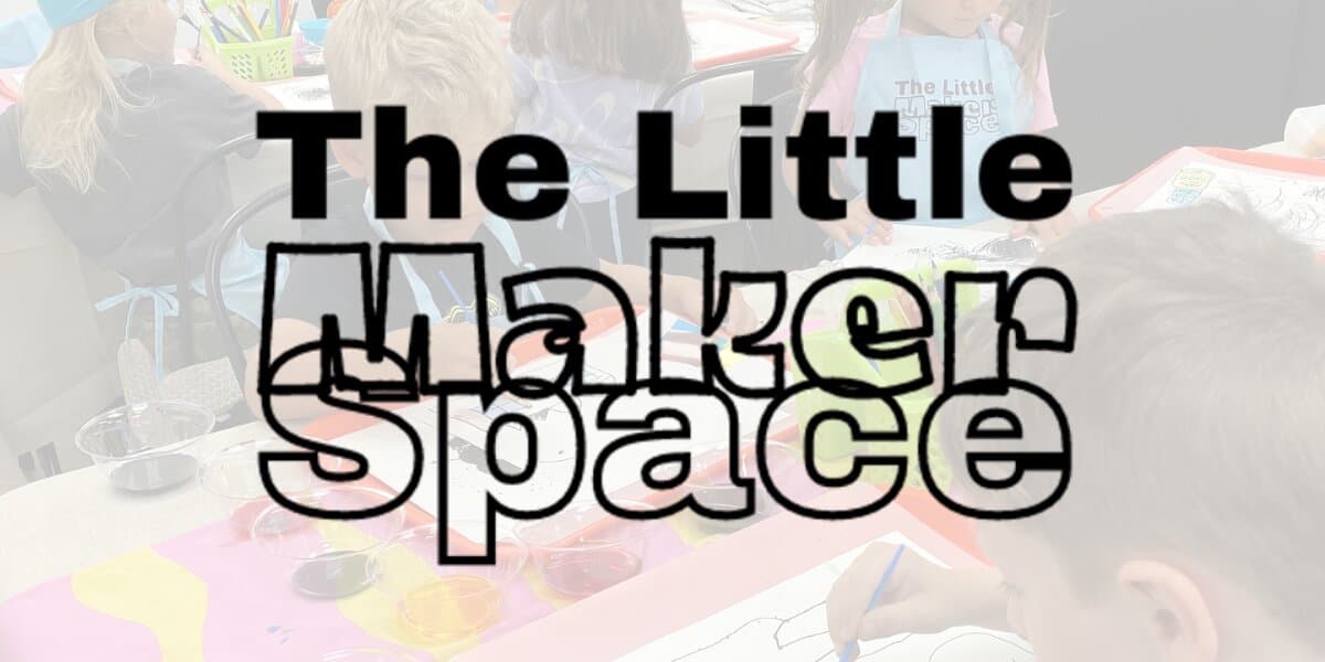Children creating art at a workshop with “The Little Makerspace” title overlay, highlighting creativity and hands-on learning.