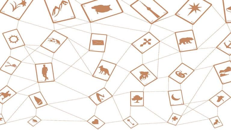 A web of interconnected cards featuring icons like flowers, animals, and symbols. The layout conveys complexity and interconnection, with a neutral tone.