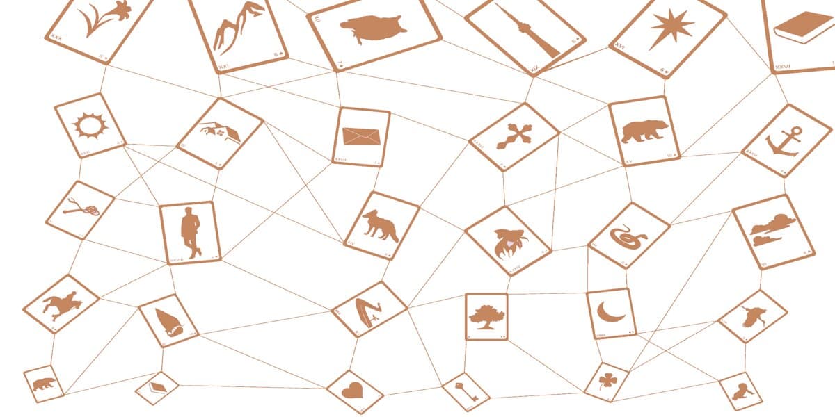A web of interconnected cards featuring icons like flowers, animals, and symbols. The layout conveys complexity and interconnection, with a neutral tone.