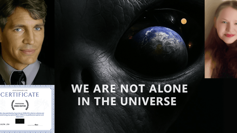 Three photos and a certificate frame a central image of an alien eye reflecting Earth with text: "We are not alone."