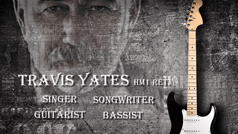 Travis Yates promotional banner featuring a grunge background, an electric guitar, and bold text displaying his name and titles as a singer, songwriter, guitarist, and bassist.
