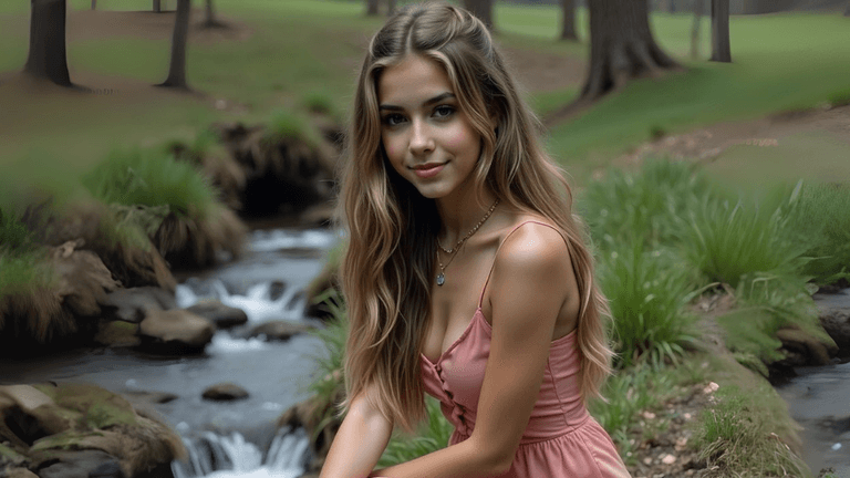 Young woman with long, wavy hair sitting by a peaceful stream in a pink dress, surrounded by lush greenery in a forest setting.