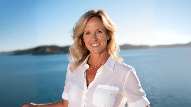 Smiling woman in white shirt standing by a calm, sunlit waterfront with distant hills.