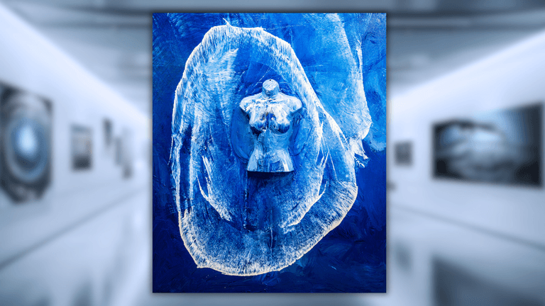 Blue abstract artwork featuring a textured female torso, created using Ritu Raj’s unique thread painting technique.