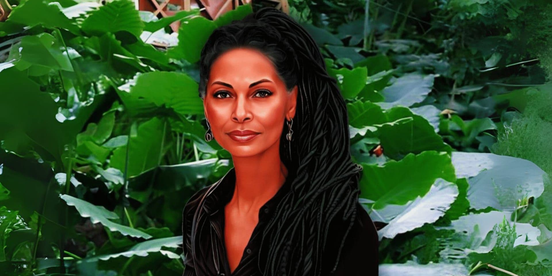 Portrait of Edwina Louise Dorch with long braids, surrounded by lush green tropical foliage.