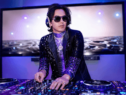 A DJ in sunglasses performs on turntables under purple lights with a digital backdrop