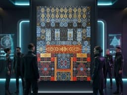 A group of figures observes a large, intricate digital artwork in a futuristic setting