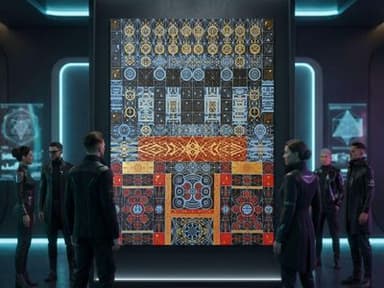 A group of figures observes a large, intricate digital artwork in a futuristic setting