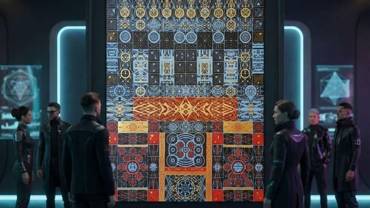 A group of figures observes a large, intricate digital artwork in a futuristic setting