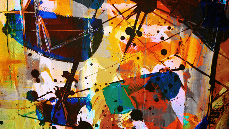 Abstract colorful artwork with vibrant brushstrokes and splatters creating dynamic shapes.
