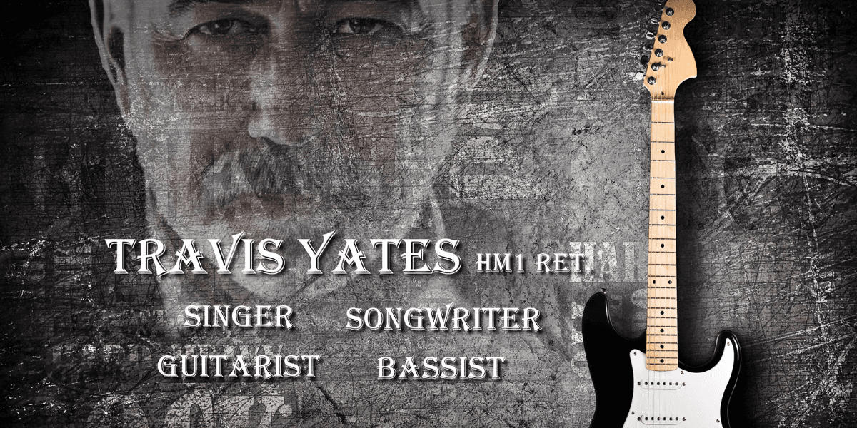 Travis Yates promotional banner featuring a grunge background, an electric guitar, and bold text displaying his name and titles as a singer, songwriter, guitarist, and bassist.