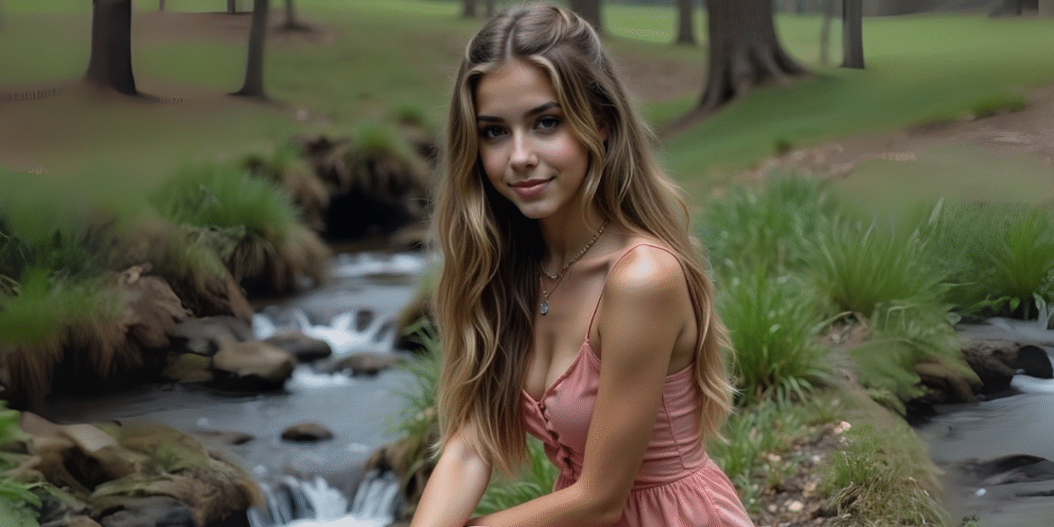 Young woman with long, wavy hair sitting by a peaceful stream in a pink dress, surrounded by lush greenery in a forest setting.