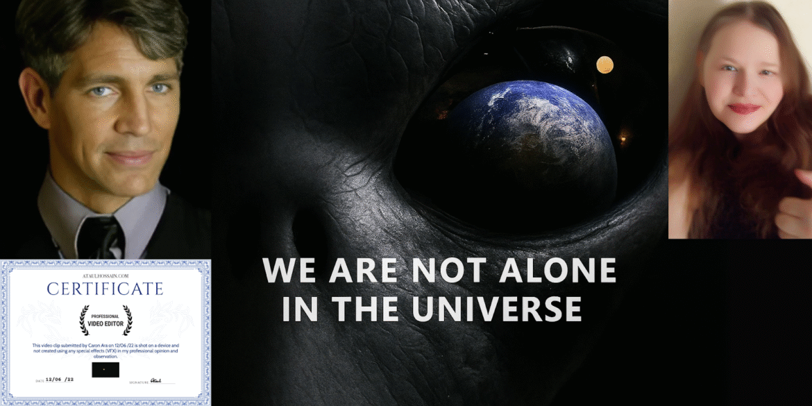 Three photos and a certificate frame a central image of an alien eye reflecting Earth with text: "We are not alone."
