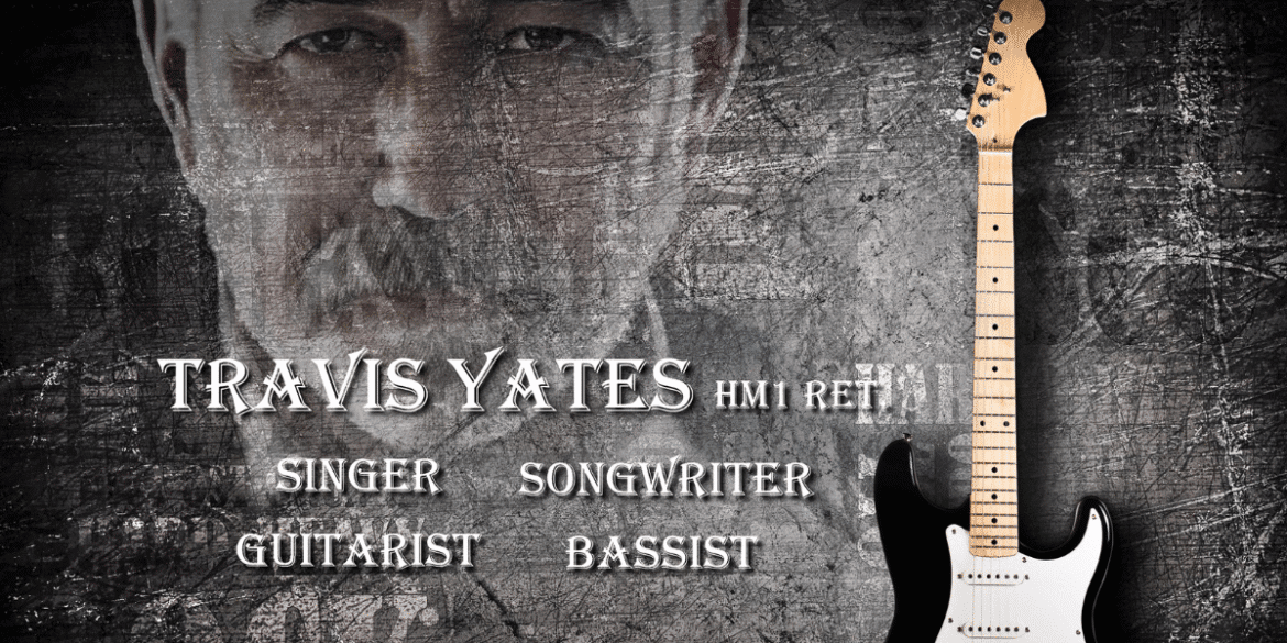 Travis Yates promotional banner featuring a grunge background, an electric guitar, and bold text displaying his name and titles as a singer, songwriter, guitarist, and bassist.