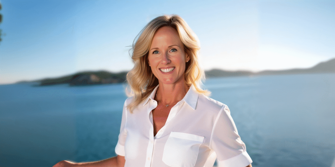 Smiling woman in white shirt standing by a calm, sunlit waterfront with distant hills.