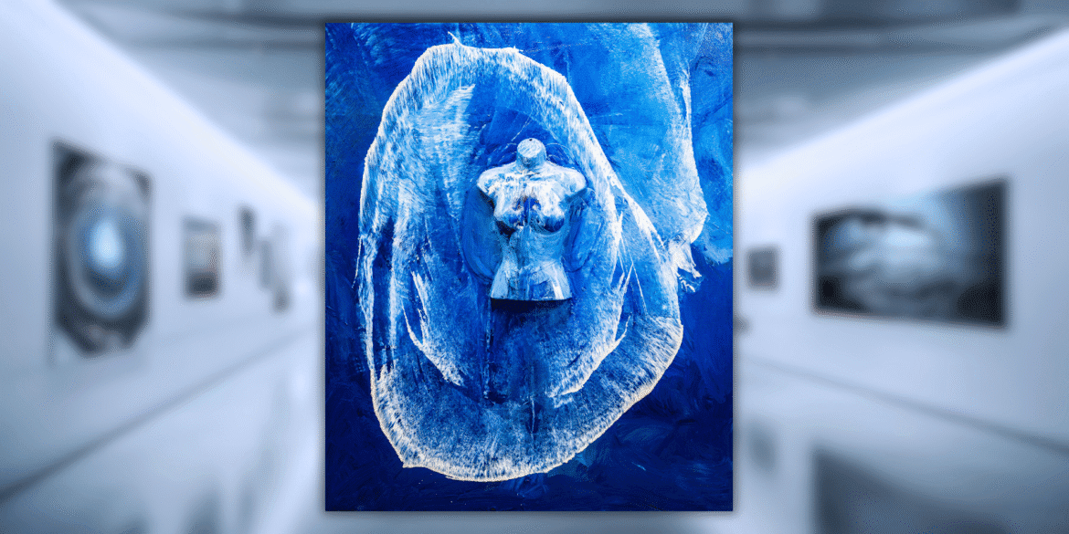 Blue abstract artwork featuring a textured female torso, created using Ritu Raj’s unique thread painting technique.