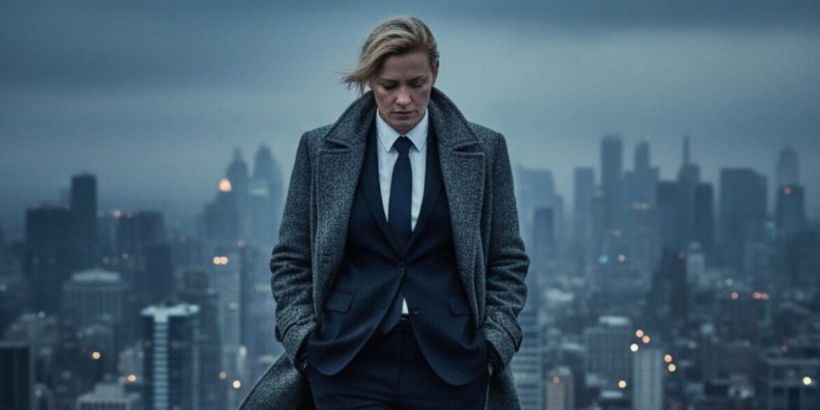 Person in a suit overlooking a city skyline, conveying reflection, resilience, and the exhibition’s focus on survivor voices and accountability.