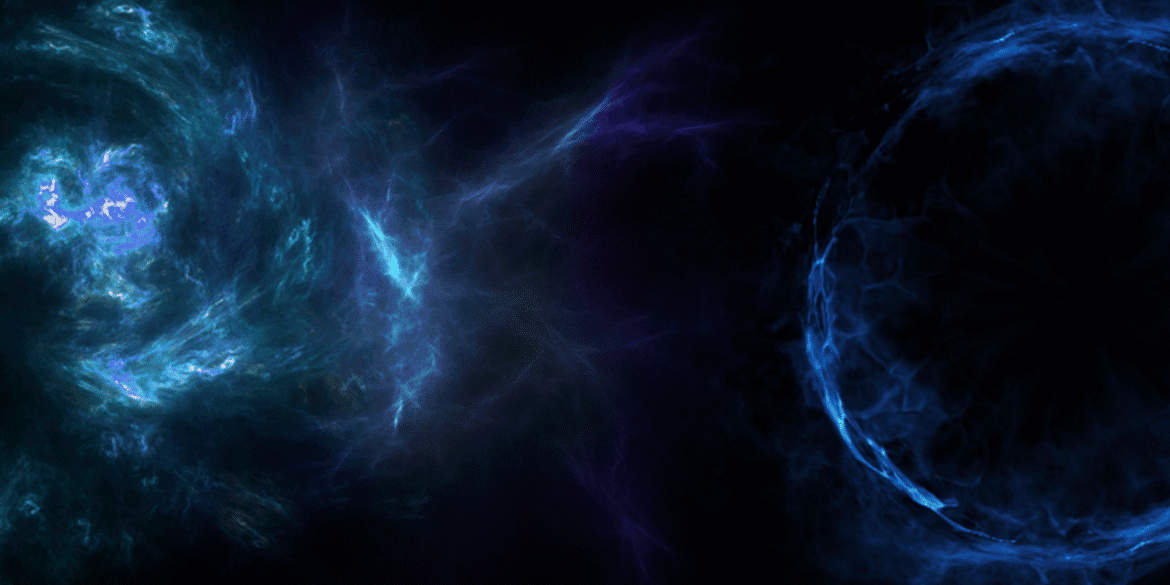 Abstract blue cosmic background with swirling energy patterns and glowing celestial forms.