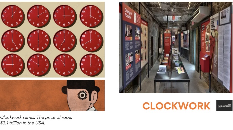 Clockwork exhibition displays exploring societal and economic impacts of sexual violence through clocks, research panels, and symbolic artwork.
