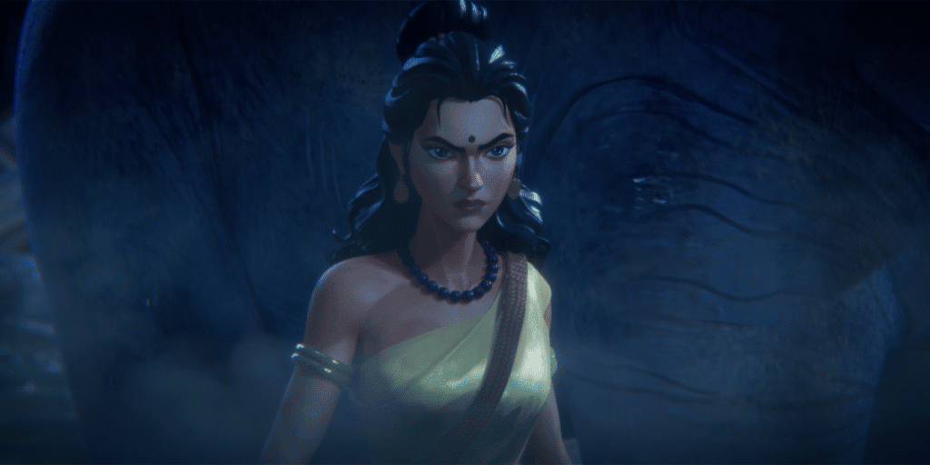 Animated woman in ancient attire stands before a massive elephant, evoking a mystical Indian fantasy setting.