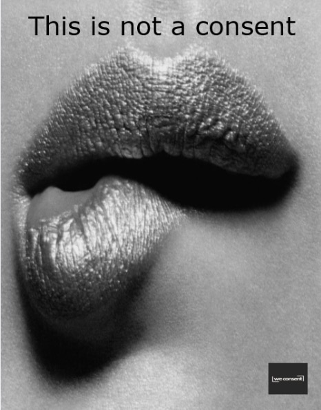 Close-up of lips with tongue and text “This is not a consent,” highlighting themes of sexual consent and autonomy.